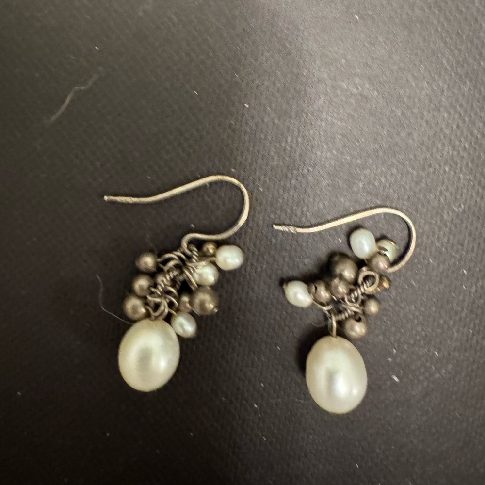 925 Sterling Silver Genuine Pearl Cluster Earrings 1” Drop